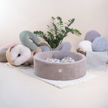 Misioo Bällebad, beige, rund, Premium-Cord, 90x30, 200 Bälle: perlmutt, hellrosa, gold