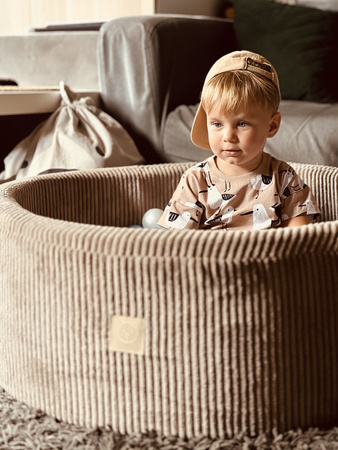 Misioo Bällebad, beige, rund, Premium-Cord, 90x30, 200 Bälle: perlmutt, hellrosa, gold