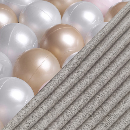 Misioo Bällebad, beige, rund, Premium-Cord, 90x30, 200 Bälle: perlmutt, hellrosa, gold