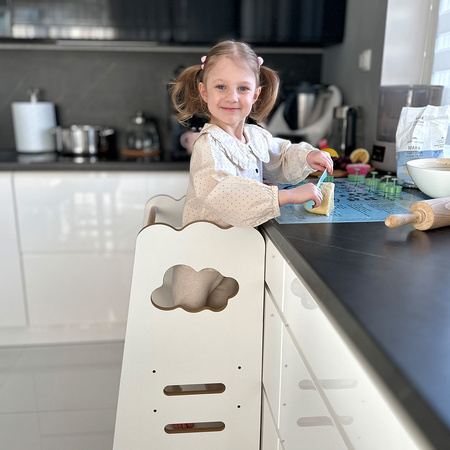 OUTLET MISIOO Pomocnik kuchenny dla dzieci, stołek do kuchni, Kitchen Helper, 3 poziomy, biały, chmurka, Wooden Play