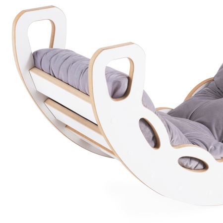 MISIOO Small Rocker 4-in-1 Wippe + Kletterwand/Rutsche + Kissen (Velvet grey), weiß Wooden Play