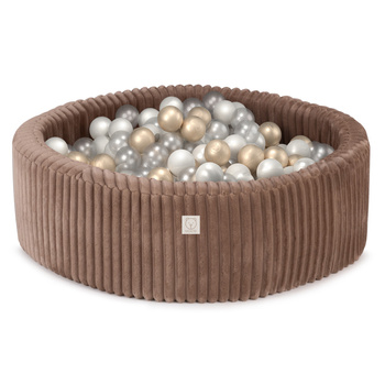 MISIOO Dry Ball Pool, 90x30 cm, rund, Mokka, Puffy Lamell, 200 Bälle: transparent, perlmutt, gold