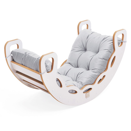 MISIOO Bujak Small Rocker 4 w 1 + ścianka wspinaczkowa/zjeżdżalnia + poduszka (szary Velvet), biały Wooden Play