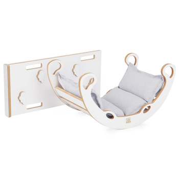 MISIOO Bujak dla dzieci Mini Rocker XS 4w1 + ścianka wspinaczkowa/zjeżdżalnia + poduszka Jasny Szary, Wooden Play