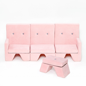 MISIOO Sofa, rosa - hellgraue Knöpfe + Fußstütze, Samt, 3-Sitzer - premium collection