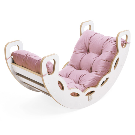 MISIOO Small Rocker 4-in-1 Wippe + Kletterwand/Rutsche + Kissen (rosa Samt), weiß Holzspielzeug