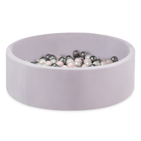 Misioo Basen z piłkami, jasnoszary, okrągły, welur, 90x30, 200 piłek: perłowy, jasnoróżowy, srebrny