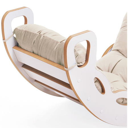 MISIOO Small Rocker 4-in-1 Wippe + Kletterwand/Rutsche + Kissen (beige/gold Velvet), weiß Wooden Play