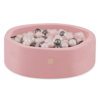 Misioo Basen z piłkami, różowy, okrągły, welur, 90x30, 200 piłek: róż, srebrny, perłowy