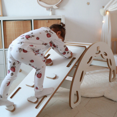 MISIOO Small Rocker 4-in-1 Wippe + Kletterwand/Rutsche + Kissen Hellgrau, weiß Holzspiel