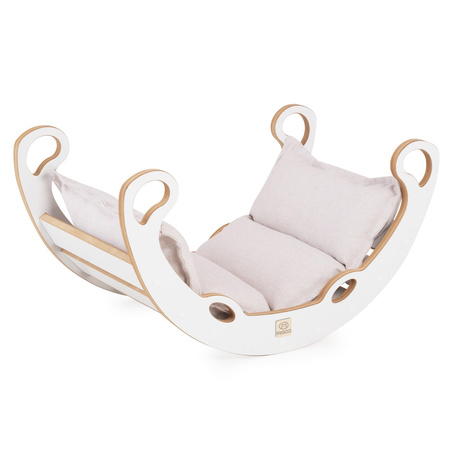 MISIOO Babywippe Mini Rocker XS 4in1 + Kletterwand/Rutsche + Kissen Hellbeige, Holzspielzeug