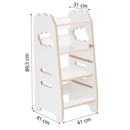 MISIOO Children's kitchen helper, kitchen stool, Kitchen Helper, 3 levels, white, cloud, Wooden Play