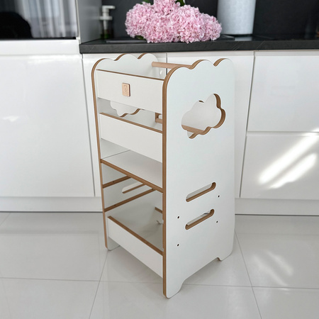 OUTLET MISIOO Pomocnik kuchenny dla dzieci, stołek do kuchni, Kitchen Helper, 3 poziomy, biały, chmurka, Wooden Play