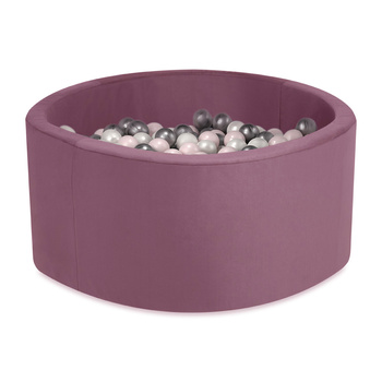 Misioo Bällebad, weinrot, rund, Samt, 90x40, 300 Bälle: perlmutt, hellrosa, silber