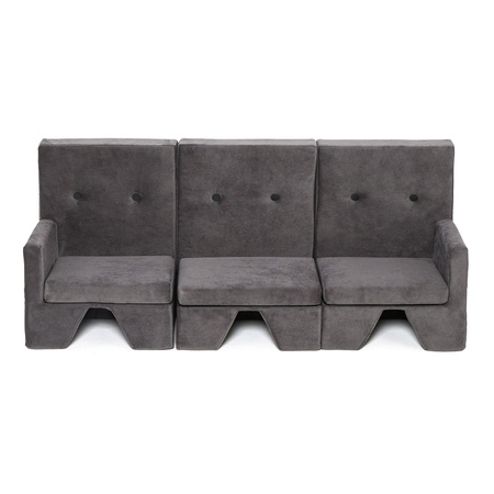 MISIOO Sofa, szara- czarne guziki + podnóżek ,velvet, 3-osobowa - kolekcja premium
