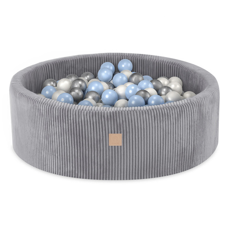 Misioo Bällebad, hellgrau, rund, Kord, 90x30, 200 Bälle: Perle, hellblau, silber