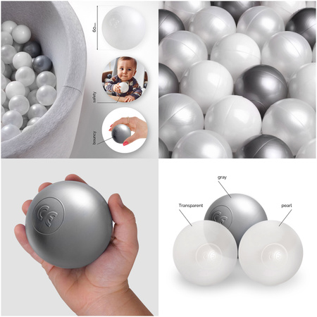 MISIOO Dry pool balls, 6 cm, set of 200 pcs: pearl, transparent, silver
