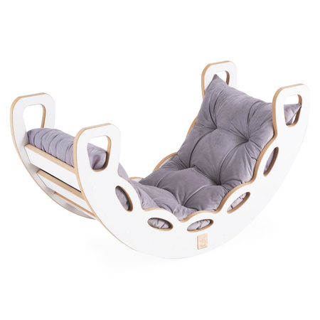 MISIOO Small Rocker 4-in-1 Wippe + Kletterwand/Rutsche + Kissen (Velvet grey), weiß Wooden Play