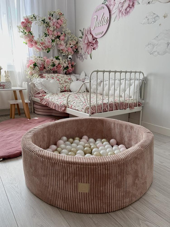 Misioo Basen z piłkami, szary, okrągły, sztruks premium, 90x30, 200 piłek: perłowy, jasny niebieski, srebrny