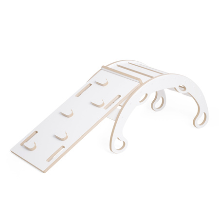 MISIOO Babywippe Mini Rocker XS 4in1 + Kletterwand/Rutsche + Kissen Hellgrau, Holzspiel