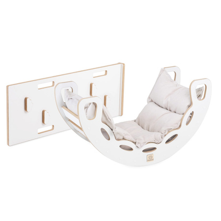 MISIOO Kleine Wippe 4-in-1 Wippe + Kletterwand/Rutsche + Kissen Hellbeige, weiß Holzspiel