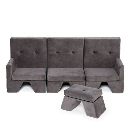 MISIOO Sofa, grau - schwarze Knöpfe + Fußstütze, Samt, 3-Sitzer - premium collection