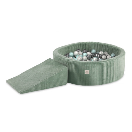 MISIOO Spielplatz Bällebad 90x30 + Dreieck (+200 Bälle:pearl, pearl mint, silver), grün, Premium-Cord