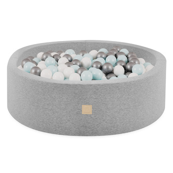 Misioo  Basen z piłkami, jasnoszary, okrągły, bawełna, 90x30, 200 piłek: miętowy, srebrny, biały