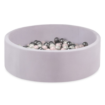 Misioo Basen z piłkami, jasnoszary, okrągły, welur, 90x30, 200 piłek: perłowy, jasnoróżowy, srebrny
