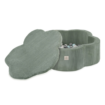 MISIOO Bällebad mit Matte, 95x30, grün, Premium Cord, Floral Fun Zone, 200 Bälle: pearl, pearl mint, silver