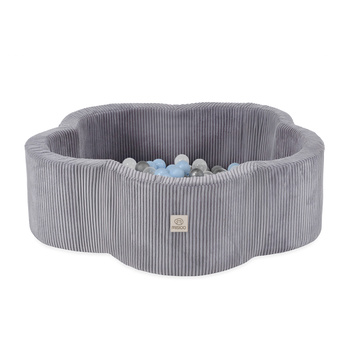 MISIOO Bällebad, 95x30, grau, Premium Cord, Floral Fun Zone, 200 Bälle: perle, silber, hellblau