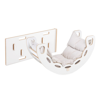 MISIOO Kleine Wippe 4-in-1 Wippe + Kletterwand/Rutsche + Kissen Hellbeige, weiß Holzspiel