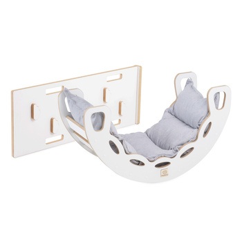 MISIOO Small Rocker 4-in-1 Wippe + Kletterwand/Rutsche + Kissen Hellgrau, weiß Holzspiel