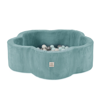 MISIOO Suchy basen kwiatek, 95x30, niebieski, sztruks premium, Floral Fun Zone, 200 piłek: perłowy, perłowy miętowy, srebrny