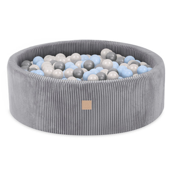 Misioo Basen z piłkami, jasnoszary, okrągły, sztruks, 90x30, 200 piłek: perłowy, jasny niebieski, srebrny