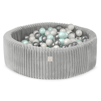 MISIOO Dry Ball Pool, 90x30 cm, rund, Grau, Puffy Lamell, 200 Bälle: pearl, silver, mint pearl