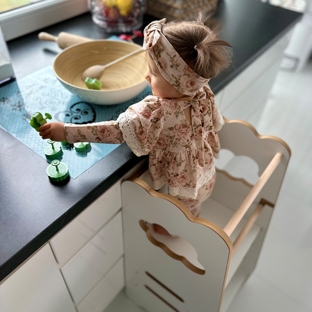 MISIOO Children's kitchen helper, kitchen stool, Kitchen Helper, 3 levels, white, cloud, Wooden Play