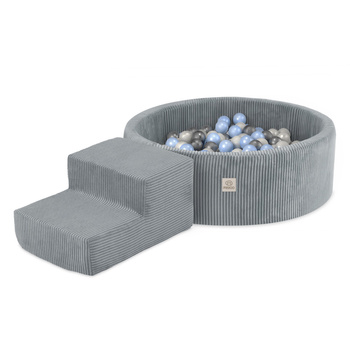 MISIOO Spielplatz Bällebad 90x30 + Stufe (+200 Bälle: Perle, Silber, Hellblau), grau, Premium Cord