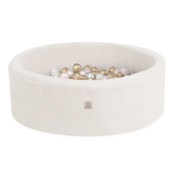 MISIOO Dry Pool, rund, 90x30 cm, cremefarbenes Lammfell (+ 200 Kugeln Gold, Perle, hellrosa Perle)
