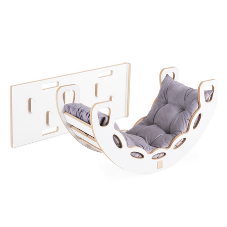 MISIOO Small Rocker 4-in-1 Wippe + Kletterwand/Rutsche + Kissen (Velvet grey), weiß Wooden Play