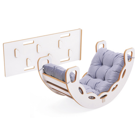 MISIOO Small Rocker 4-in-1 Wippe + Kletterwand/Rutsche + Kissen (lila Velvet), weiß Wooden Play