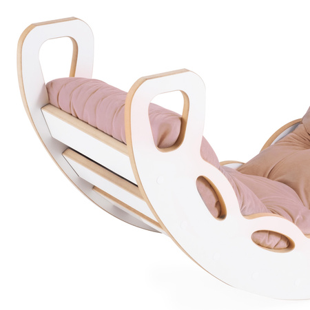 MISIOO Small Rocker 4-in-1 Wippe + Kletterwand/Rutsche + Kissen (beige/gold Velvet), weiß Wooden Play