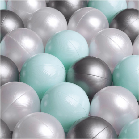 MISIOO Dry Ball Pool, 90x30 cm, rund, Grau, Puffy Lamell, 200 Bälle: pearl, silver, mint pearl