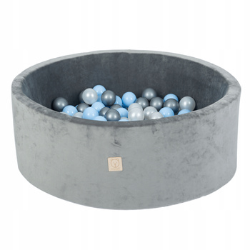 Misioo Basen z piłkami, szary, okrągły, welur, 90x30, 200 piłek: jasno niebieskie, srebrny, perłowy